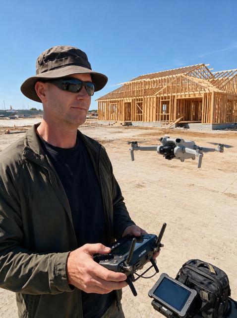 Liberty Drone Services pilot operating a drone at a residential construction site
